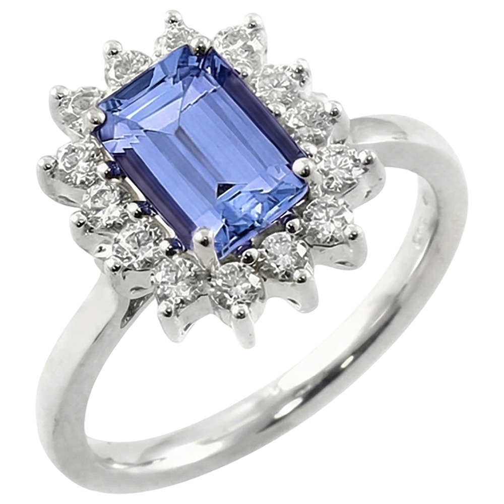 Ring aus 14 Karat 7 Karat Tansanit und Aus der Erde Abgebauter Natürlicher Diamanten aus Weißgold Neu