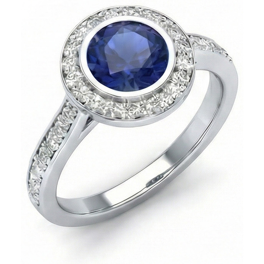 Ring mit 3 Kt Ceylon Saphir Aus der Erde Abgebauter Natürlicher Diamanten im Rundschliff Weißgold 14K