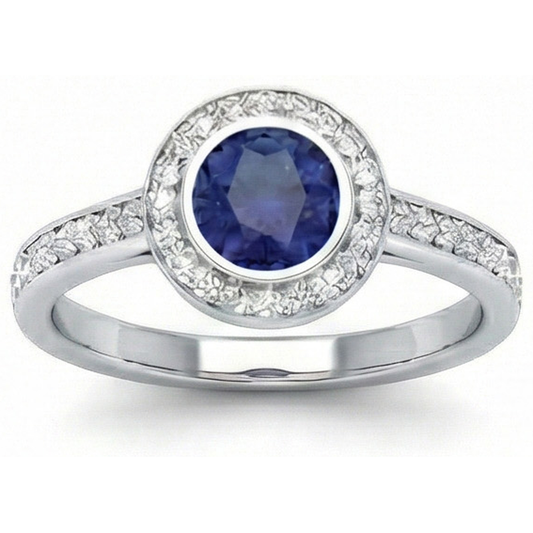 Ring mit 3 Kt Ceylon Saphir Aus der Erde Abgebauter Natürlicher Diamanten im Rundschliff Weißgold 14K