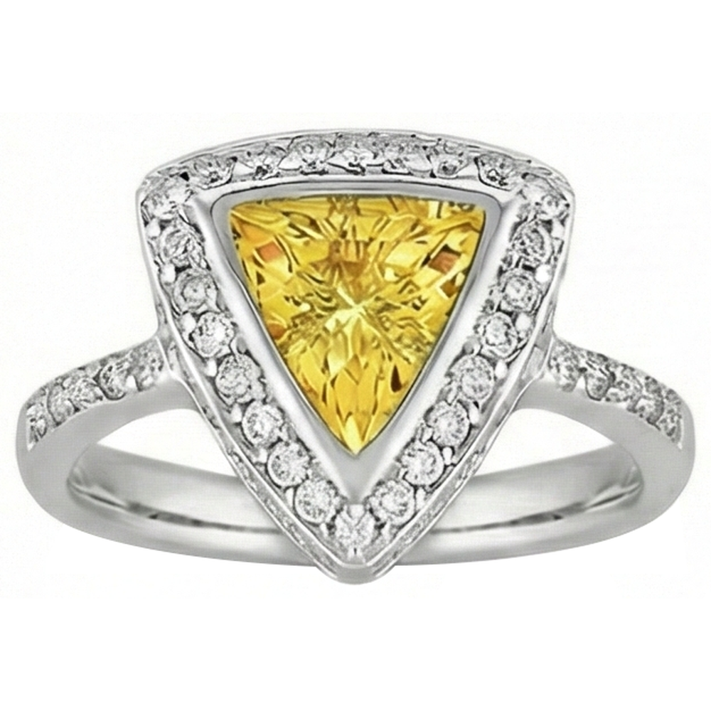 Ring mit 3 Kt. Trillion Schliff Gelber Saphir Und Runde Aus der Erde Abgebauter Natürlicher Diamanten Weißgold