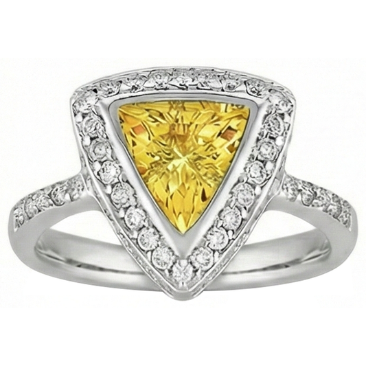 Ring mit 3 Kt. Trillion Schliff Gelber Saphir Und Runde Aus der Erde Abgebauter Natürlicher Diamanten Weißgold