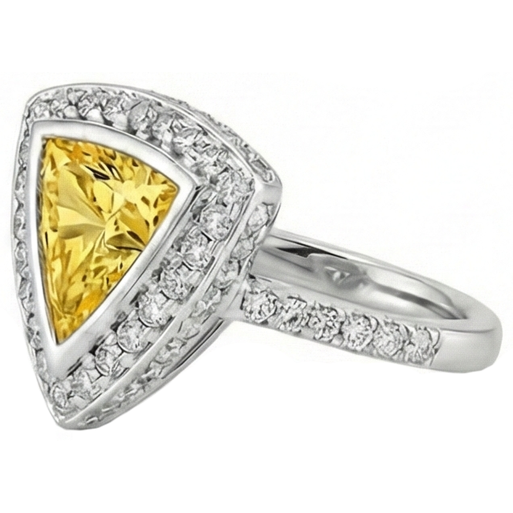 Ring mit 3 Kt. Trillion Schliff Gelber Saphir Und Runde Aus der Erde Abgebauter Natürlicher Diamanten Weißgold