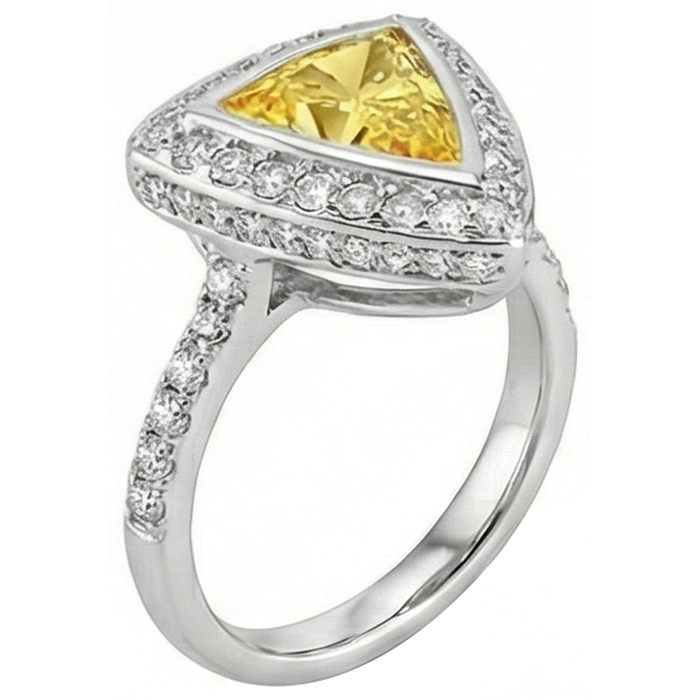 Ring mit 3 Kt. Trillion Schliff Gelber Saphir Und Runde Aus der Erde Abgebauter Natürlicher Diamanten Weißgold