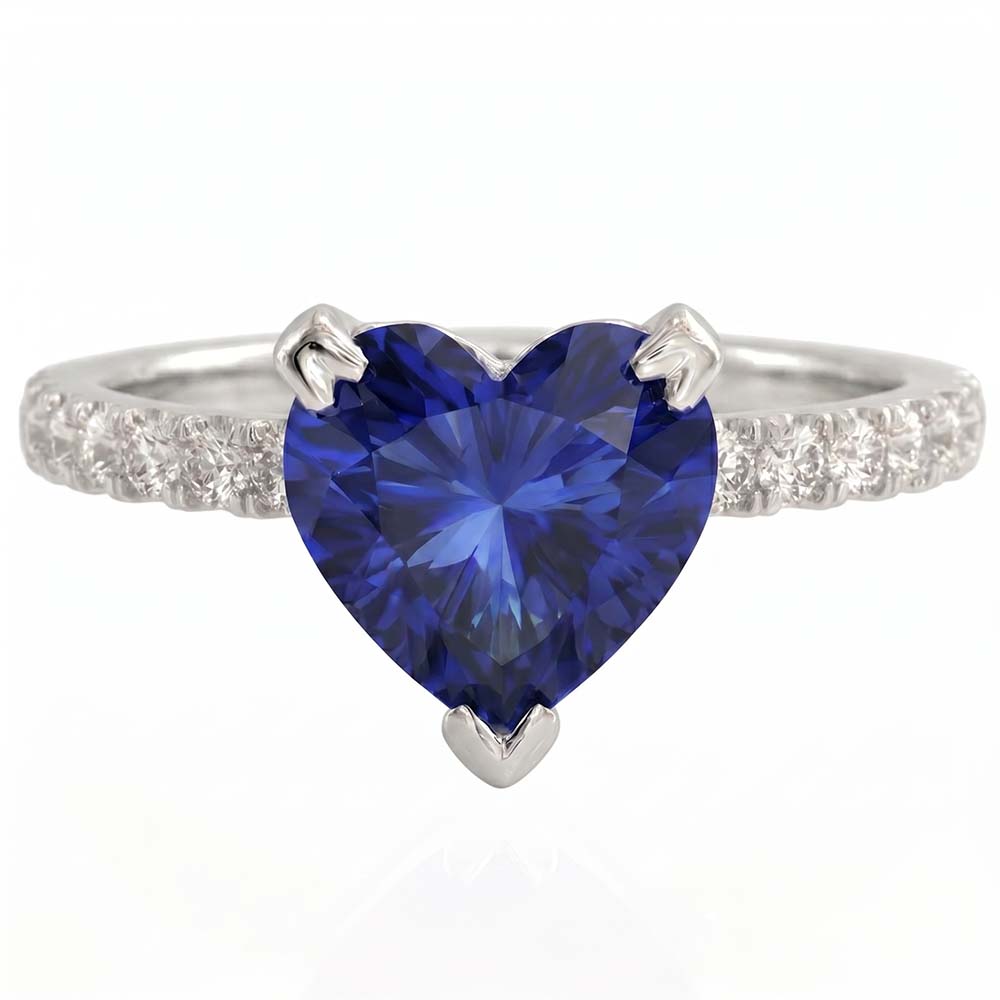 Ring mit Aus der Erde Abgebauter Natürlicher Diamanten im Herz- und Rundschliff 2.30 Kt. Blauer Saphir Weißgold 14K