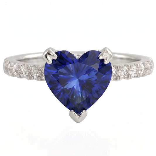 Ring mit Aus der Erde Abgebauter Natürlicher Diamanten im Herz- und Rundschliff 2.30 Kt. Blauer Saphir Weißgold 14K