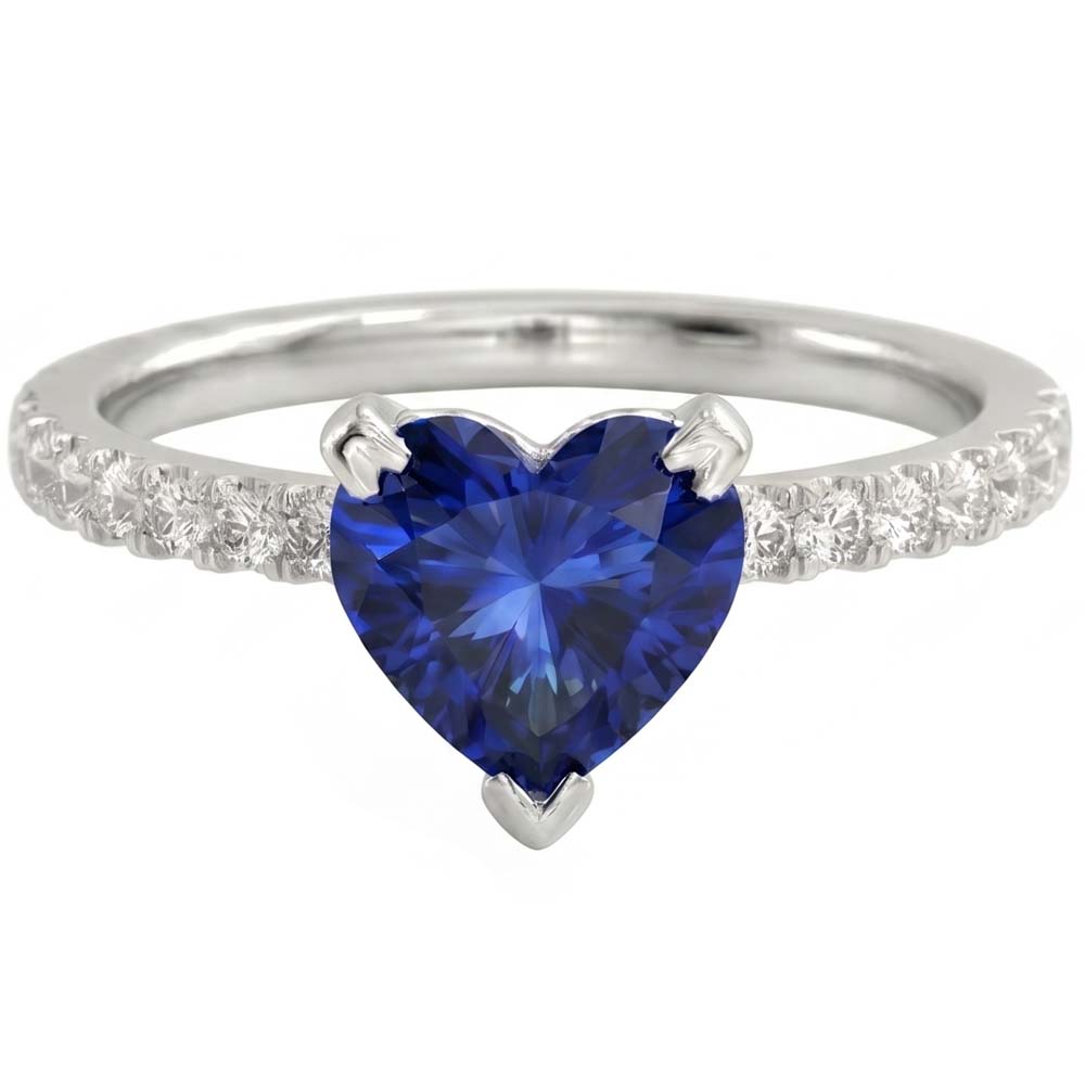 Ring mit Aus der Erde Abgebauter Natürlicher Diamanten im Herz- und Rundschliff 2.30 Kt. Blauer Saphir Weißgold 14K