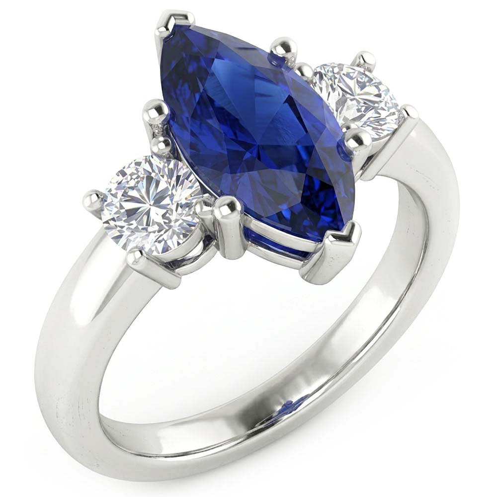 Ring mit Saphir und Aus der Erde Abgebauter Natürlicher Diamanten im Marquise-Schliff, 2.50 ct, Weißgold