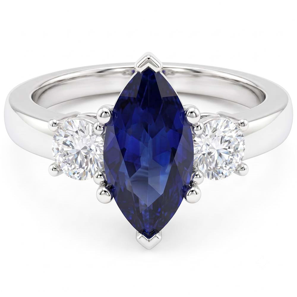 Ring mit Saphir und Aus der Erde Abgebauter Natürlicher Diamanten im Marquise-Schliff, 2.50 ct, Weißgold