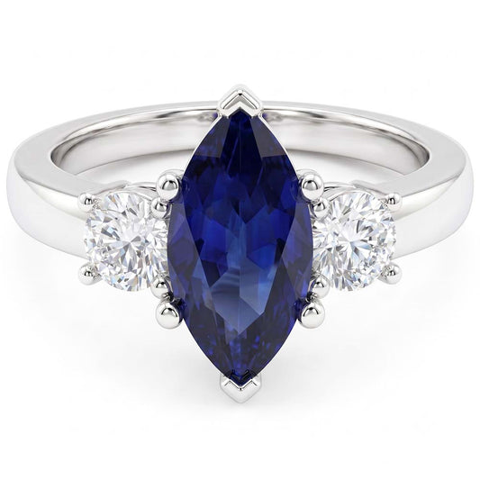 Ring mit Saphir und Aus der Erde Abgebauter Natürlicher Diamanten im Marquise-Schliff, 2.50 ct, Weißgold