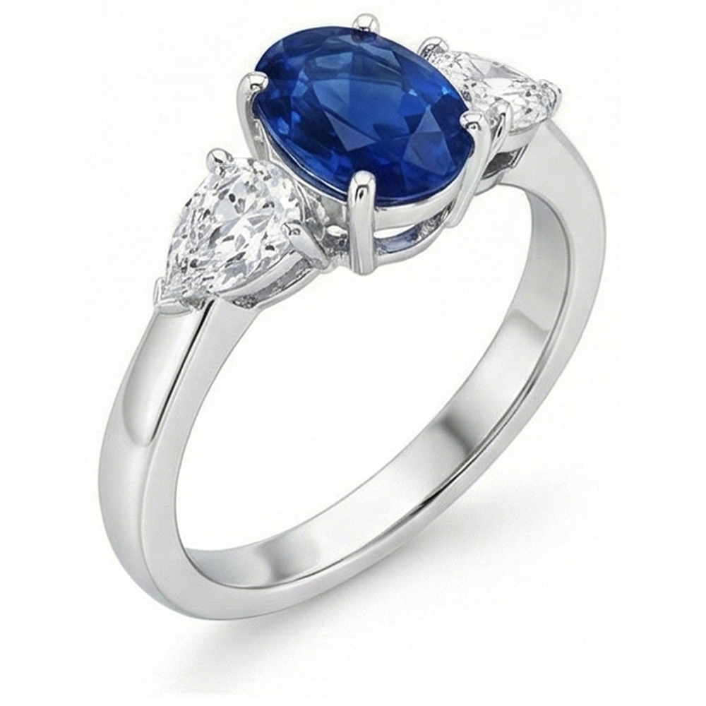 Ring mit Saphir und Aus der Erde Abgebauter Natürlicher Diamanten im Oval- und Birnenschliff von 3,50 Karat Weißgold 14 Karat