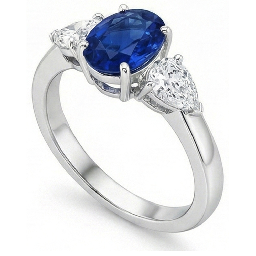 Ring mit Saphir und Aus der Erde Abgebauter Natürlicher Diamanten im Oval- und Birnenschliff von 3,50 Karat Weißgold 14 Karat