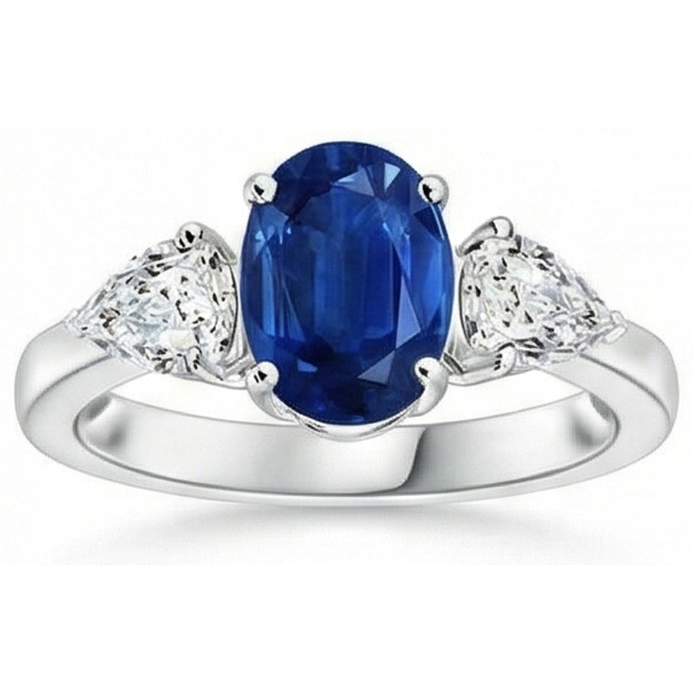 Ring mit Saphir und Aus der Erde Abgebauter Natürlicher Diamanten im Oval- und Birnenschliff von 3,50 Karat Weißgold 14 Karat