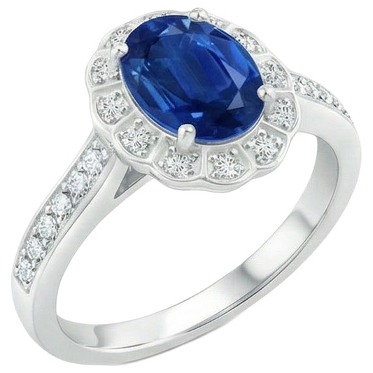 Ring mit Saphir und Aus der Erde Abgebauter Natürlicher Diamanten im Oval- und Rundschliff 4,20 Karat Weißgold 14K