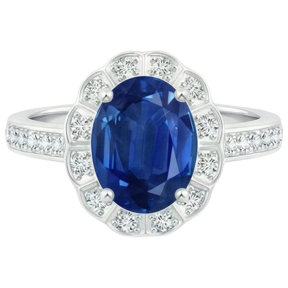 Ring mit Saphir und Aus der Erde Abgebauter Natürlicher Diamanten im Oval- und Rundschliff 4,20 Karat Weißgold 14K