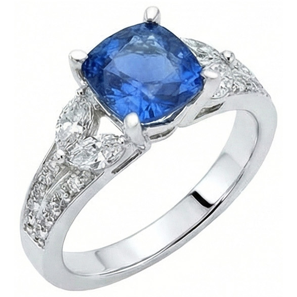 Ring mit blauem Saphir und Aus der Erde Abgebauter Natürlicher Diamanten aus Ceylon 5.10 ct Weißgold 14K