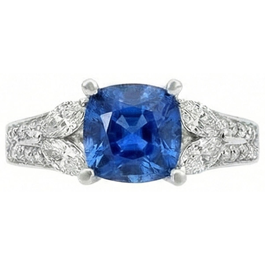 Ring mit blauem Saphir und Aus der Erde Abgebauter Natürlicher Diamanten aus Ceylon 5.10 ct Weißgold 14K