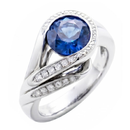Ring mit blauem Saphir und Aus der Erde Abgebauter Natürlicher Diamanten im Rundschliff 2.50 ct Weißgold 14K