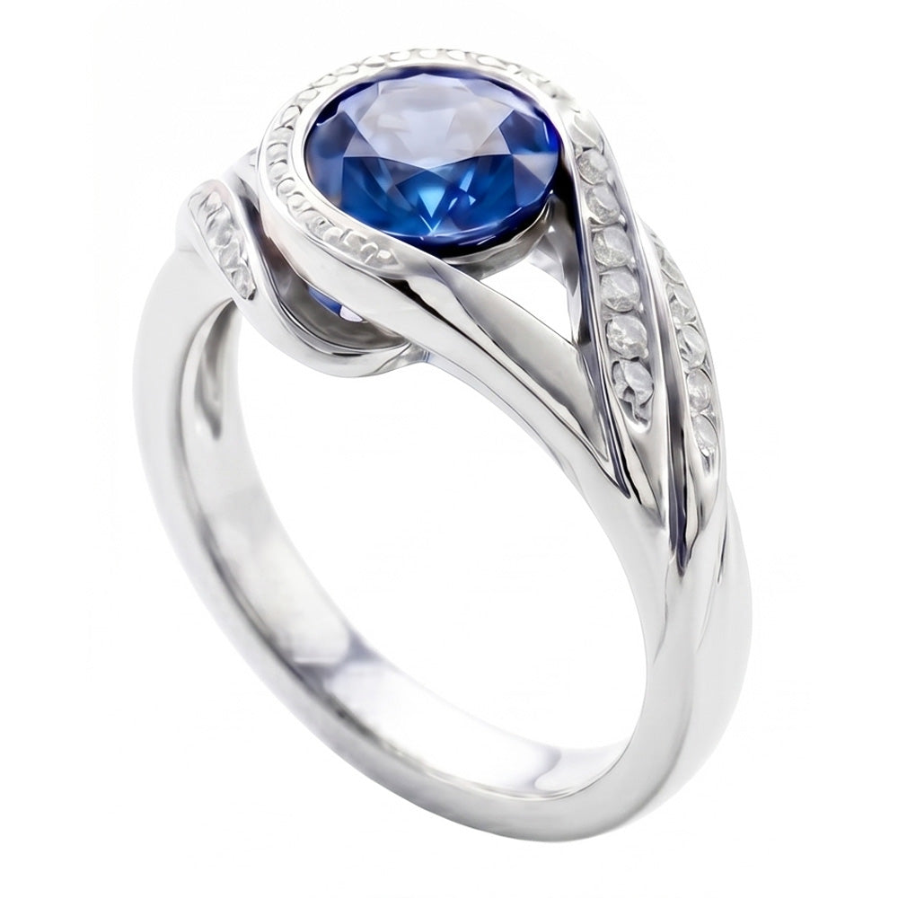 Ring mit blauem Saphir und Aus der Erde Abgebauter Natürlicher Diamanten im Rundschliff 2.50 ct Weißgold 14K