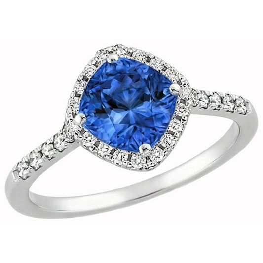 Ring mit blauem Saphir und rundem Aus der Erde Abgebauter Natürlicher Diamant im Kissenschliff 3 ct. Weißgold 14K