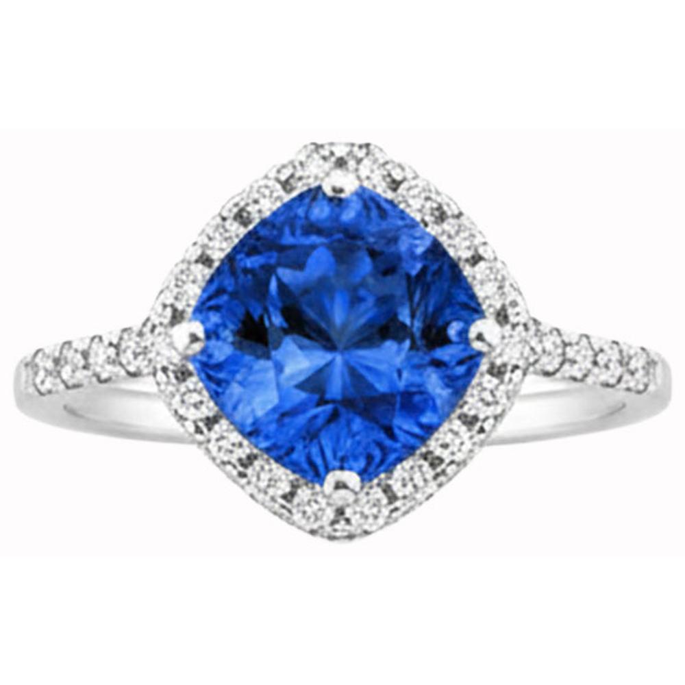 Ring mit blauem Saphir und rundem Aus der Erde Abgebauter Natürlicher Diamant im Kissenschliff 3 ct. Weißgold 14K