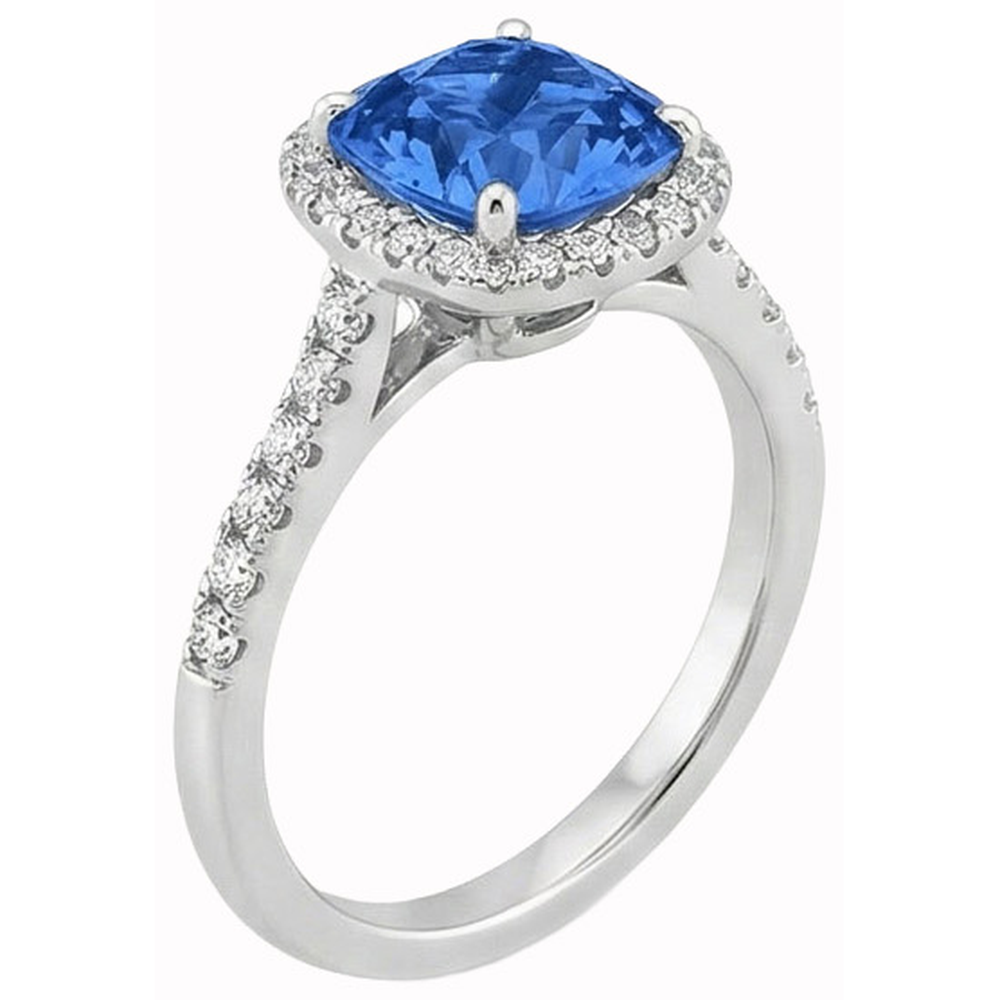 Ring mit blauem Saphir und rundem Aus der Erde Abgebauter Natürlicher Diamant im Kissenschliff 3 ct. Weißgold 14K