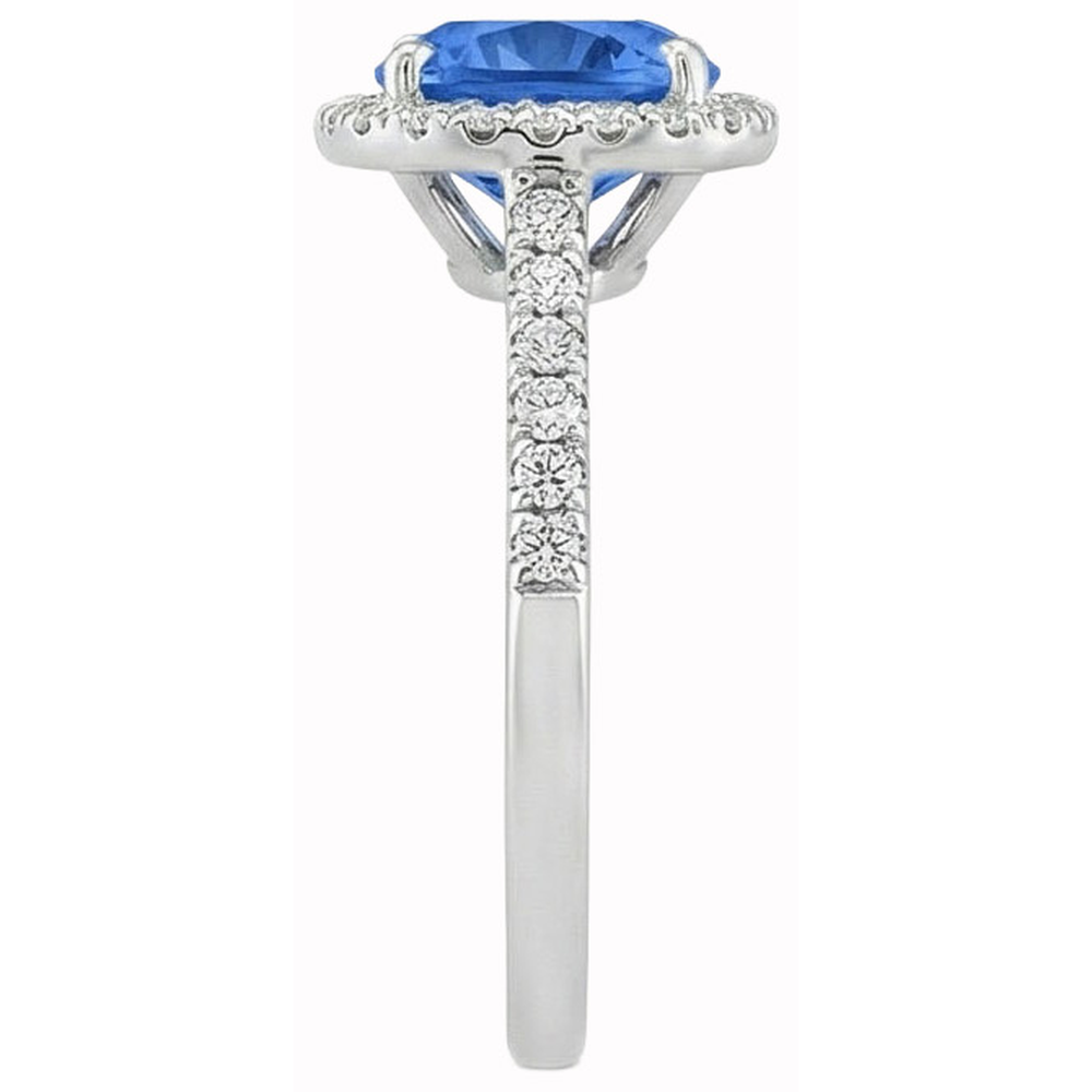 Ring mit blauem Saphir und rundem Aus der Erde Abgebauter Natürlicher Diamant im Kissenschliff 3 ct. Weißgold 14K