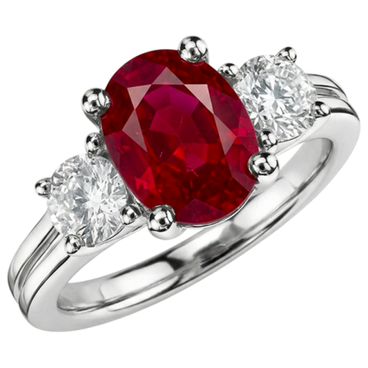 Ring mit drei Steinen im Ovalschliff. Roter Rubin und Aus der Erde Abgebauter Natürlicher Diamant. Gold 14K 1.80 Karat