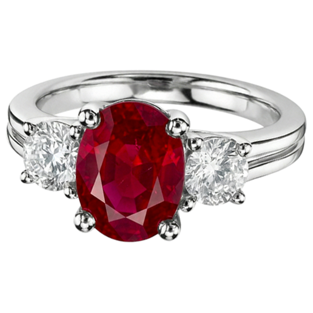 Ring mit drei Steinen im Ovalschliff. Roter Rubin und Aus der Erde Abgebauter Natürlicher Diamant. Gold 14K 1.80 Karat