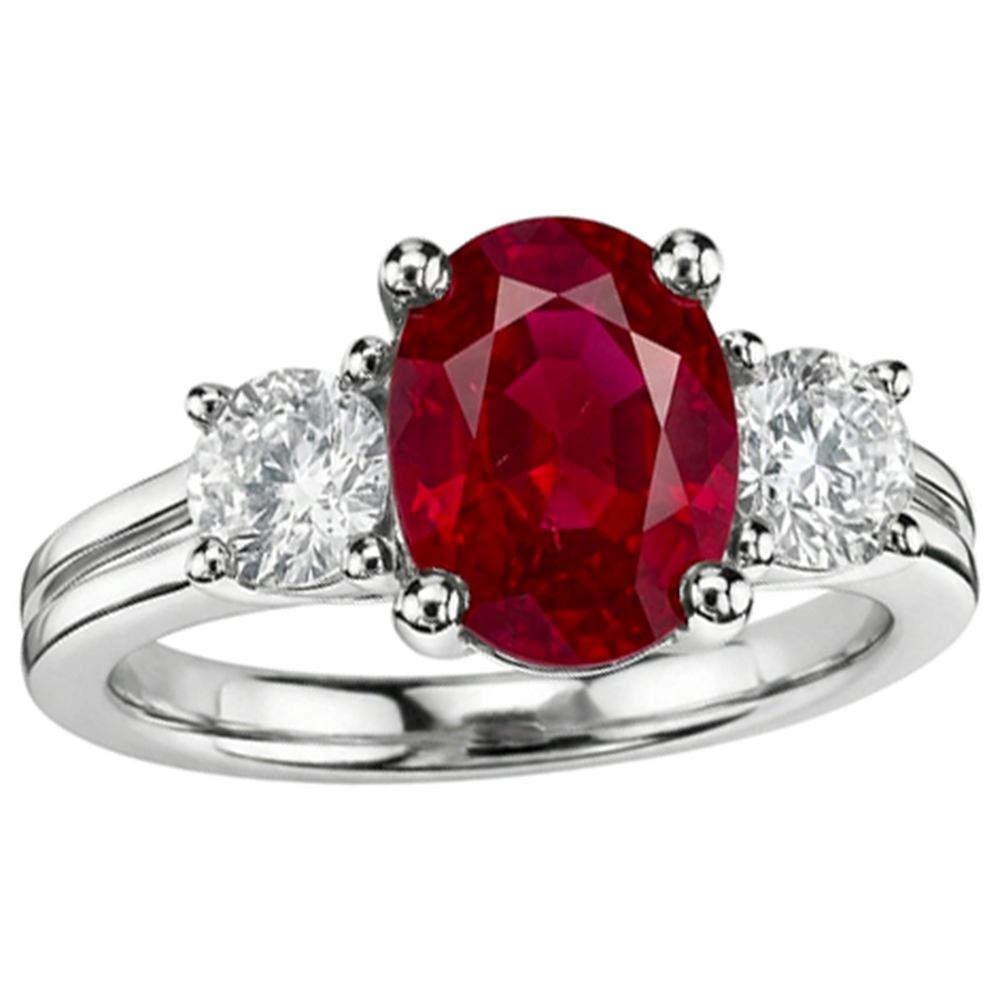Ring mit drei Steinen im Ovalschliff. Roter Rubin und Aus der Erde Abgebauter Natürlicher Diamant. Gold 14K 1.80 Karat