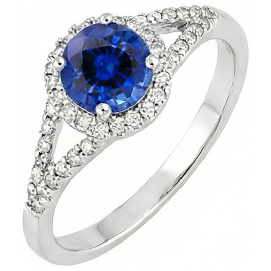 Ring mit rundem Ceylon-Saphir und Aus der Erde Abgebauter Natürlicher Diamanten. 4.51 ct Weißgold 14K