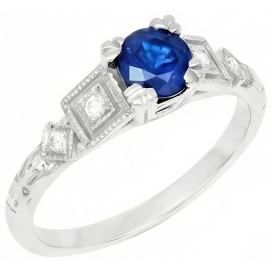Ring mit srilankischem Saphir und Aus der Erde Abgebauter Natürlicher Diamanten im Rundschliff 1.65 ct Weißgold 14K