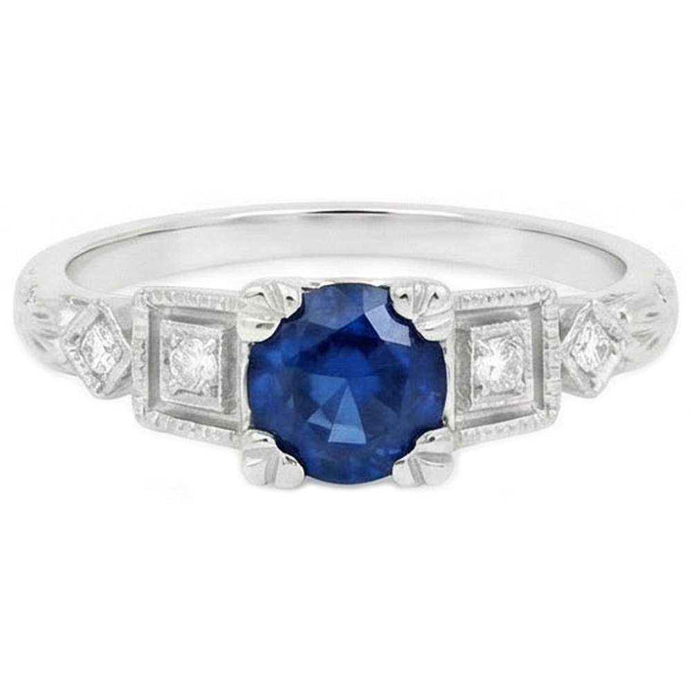 Ring mit srilankischem Saphir und Aus der Erde Abgebauter Natürlicher Diamanten im Rundschliff 1.65 ct Weißgold 14K