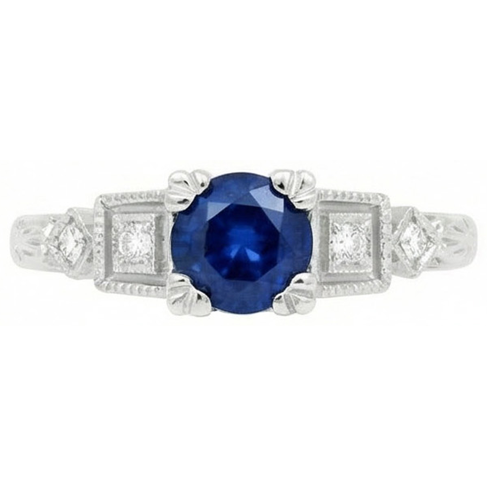 Ring mit srilankischem Saphir und Aus der Erde Abgebauter Natürlicher Diamanten im Rundschliff 1.65 ct Weißgold 14K
