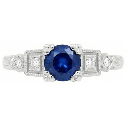 Ring mit srilankischem Saphir und Aus der Erde Abgebauter Natürlicher Diamanten im Rundschliff 1.65 ct Weißgold 14K