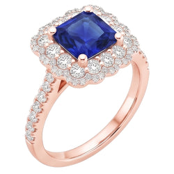 Ringkissen mit Halo-Aus der Erde Abgebauter Natürlicher Diamant aus Roségold, blauer Saphir, Zentrum 3.75 Karat
