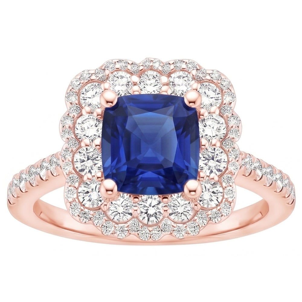Ringkissen mit Halo-Aus der Erde Abgebauter Natürlicher Diamant aus Roségold, blauer Saphir, Zentrum 3.75 Karat
