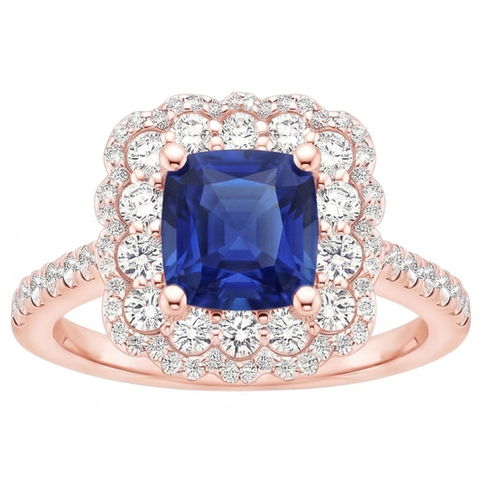 Ringkissen mit Halo-Aus der Erde Abgebauter Natürlicher Diamant aus Roségold, blauer Saphir, Zentrum 3.75 Karat