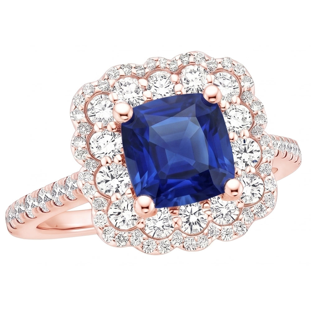 Ringkissen mit Halo-Aus der Erde Abgebauter Natürlicher Diamant aus Roségold, blauer Saphir, Zentrum 3.75 Karat