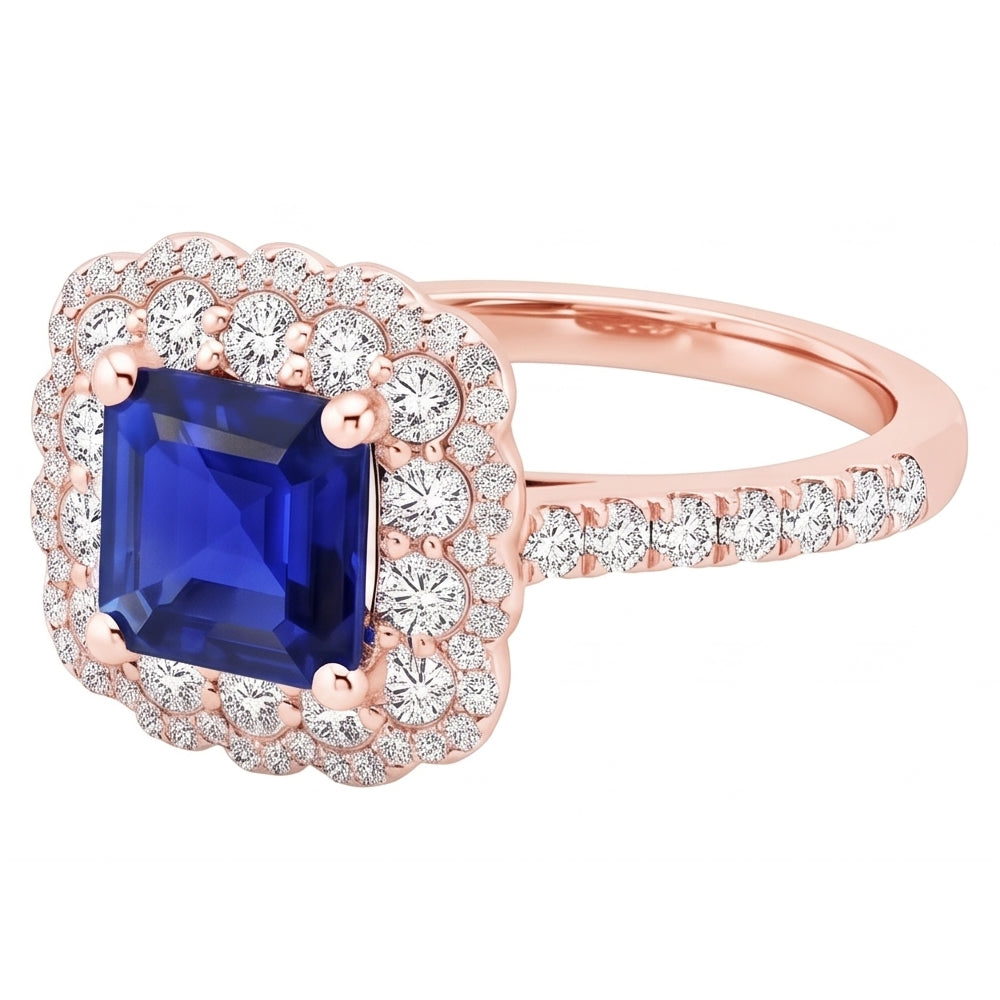 Ringkissen mit Halo-Aus der Erde Abgebauter Natürlicher Diamant aus Roségold, blauer Saphir, Zentrum 3.75 Karat