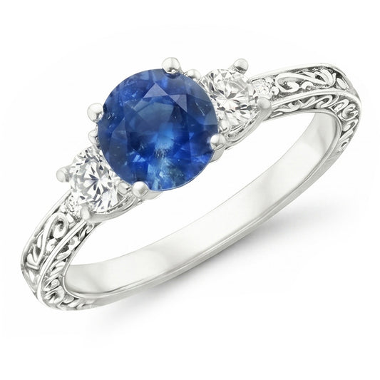 Ring mit 3 Steinen. 2.60 ct. srilankischer Saphir und Aus der Erde Abgebauter Natürlicher Diamanten. WG 14K