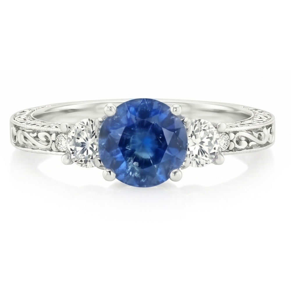 Ring mit 3 Steinen. 2.60 ct. srilankischer Saphir und Aus der Erde Abgebauter Natürlicher Diamanten. WG 14K