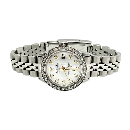 Edelstahl-Jubiläums-Rolex-Datejust-Damenuhr mit weißem Diamant-Zifferblatt und Lünette