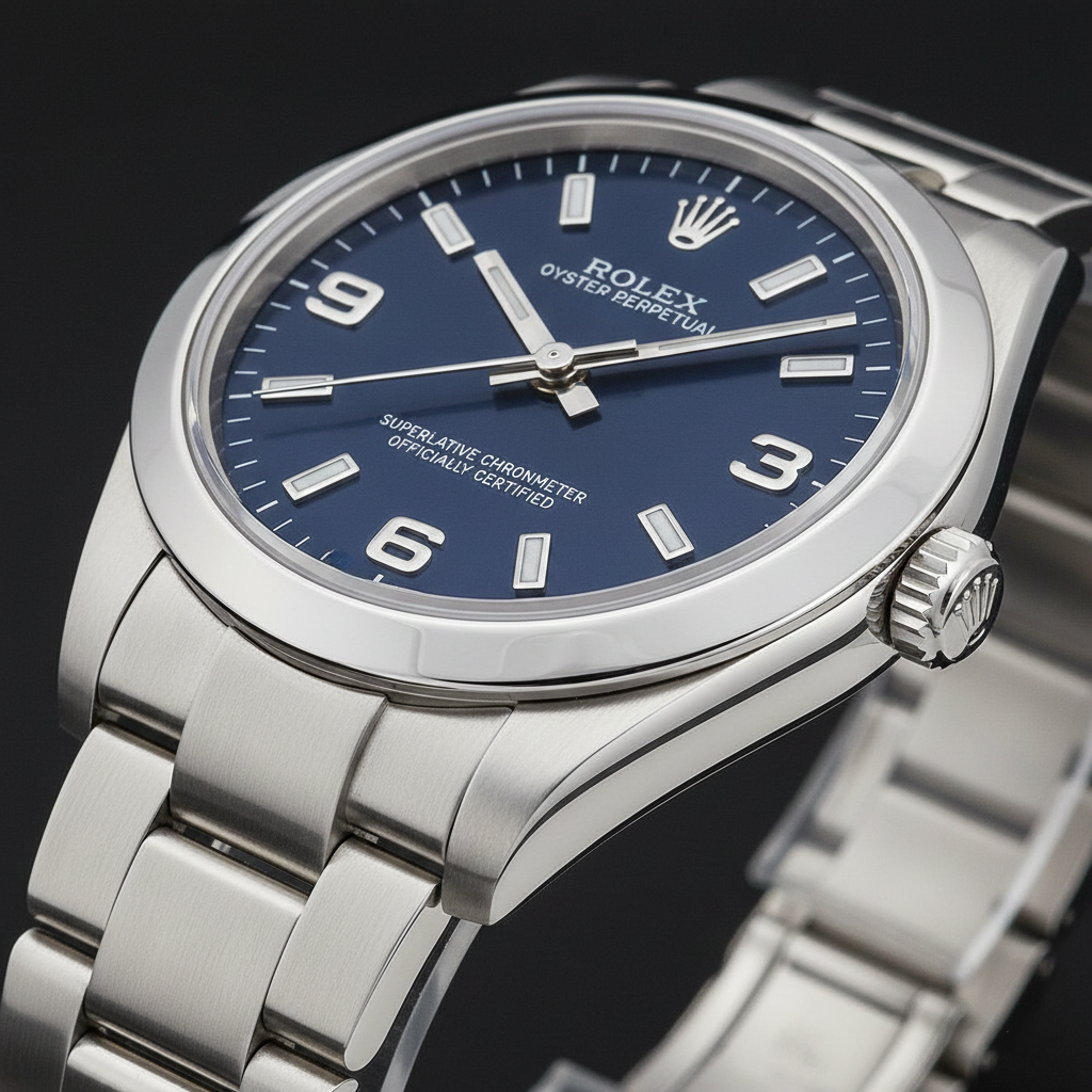 Rolex 31 mm Edelstahluhr mit blauem arabischen Zifferblatt