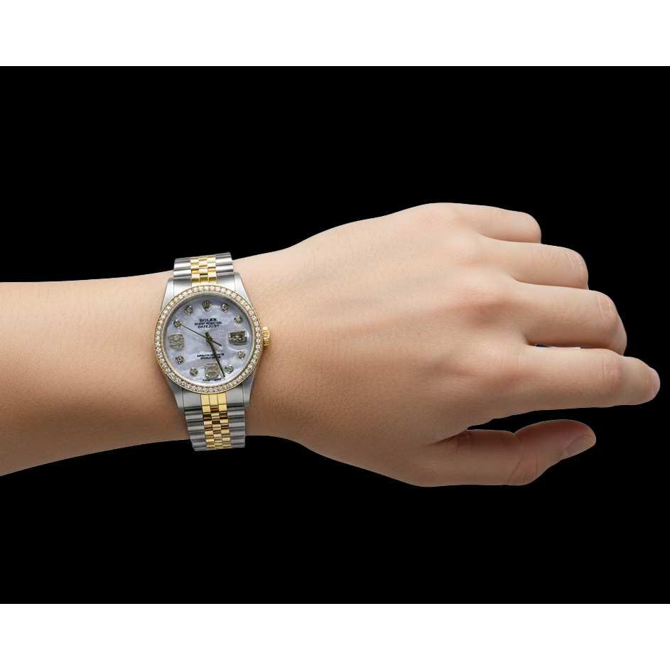 Rolex 34 mm Datumsuhr mit Diamantlünette und 2 Karat Diamanten, zweifarbig