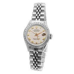 Rolex-Damenuhr mit weißem römischem Zifferblatt, Datum und Diamantarmband