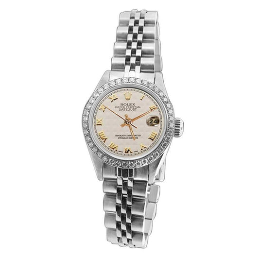 Rolex-Damenuhr mit weißem römischem Zifferblatt, Datum und Diamantarmband