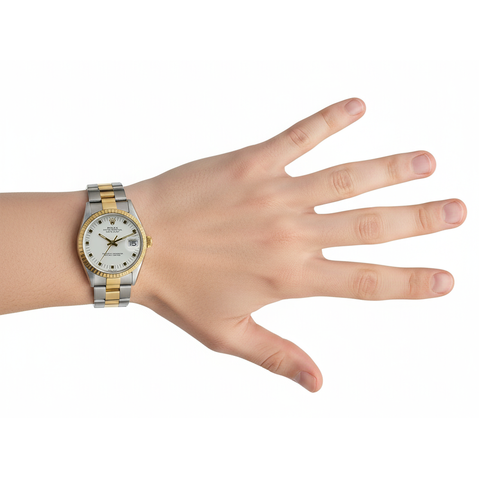 Rolex Date 34 mm Uhr, weißes Zifferblatt, Gelbgold und Edelstahl-Oyster-Armband