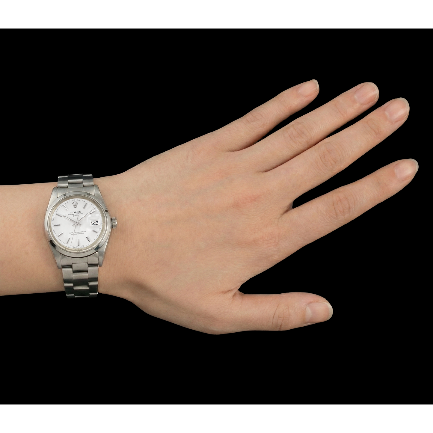 Rolex Date Herrenuhr mit weißem Stick-Zifferblatt und Oyster-Armband Edelstahl