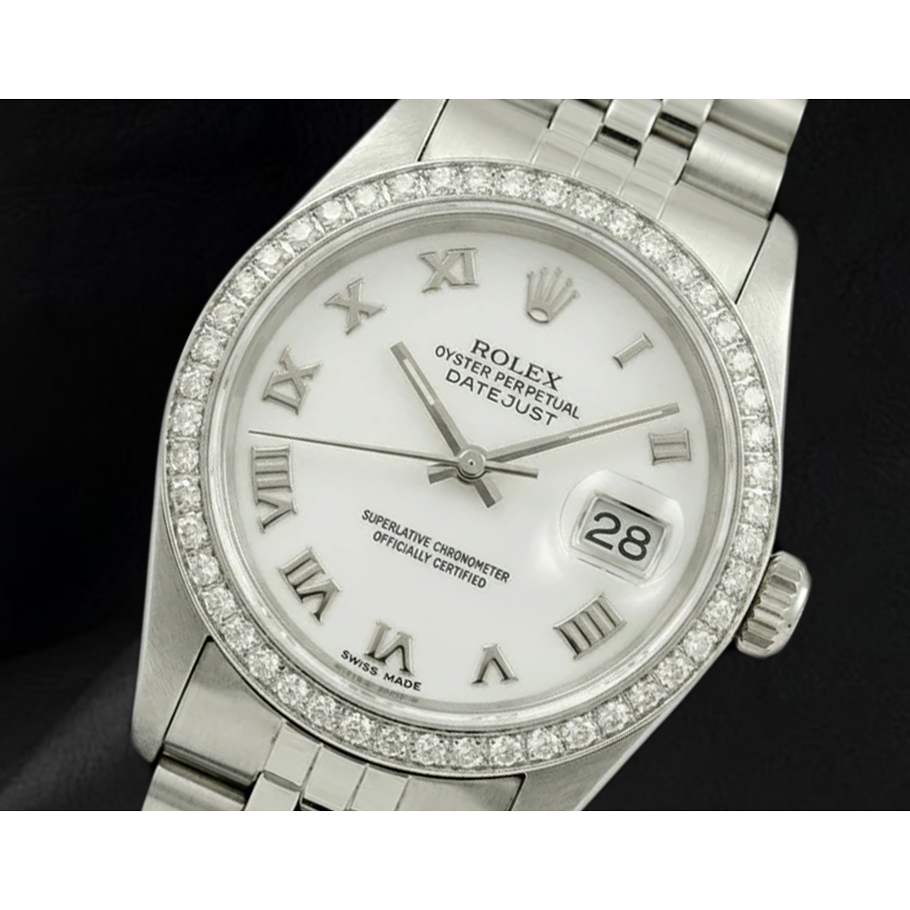 Rolex Date just Weiß Mop römisches Zifferblatt, Diamantlünette, Edelstahl-Jubiläumsarmband, SCHNELLES SET