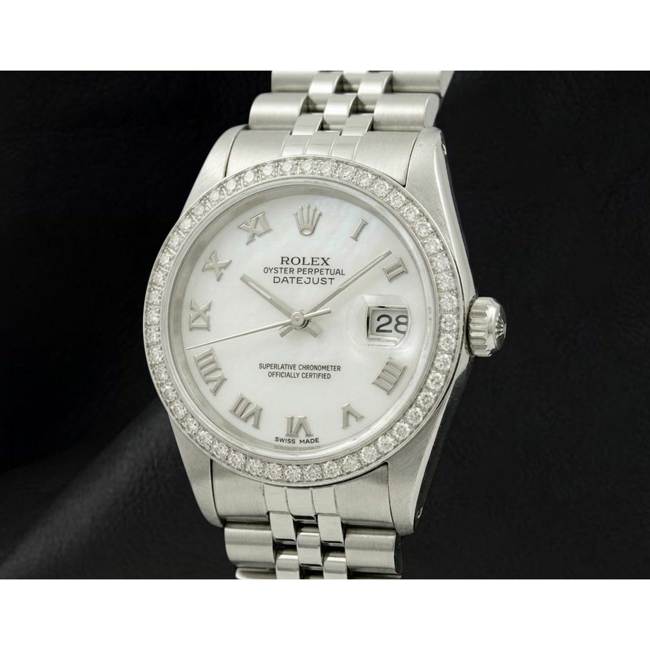 Rolex Date just Weiß Mop römisches Zifferblatt, Diamantlünette, Edelstahl-Jubiläumsarmband, SCHNELLES SET